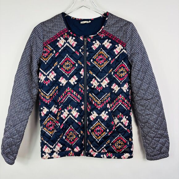 Y2K Roxy quilted jacket S Ikat mixed print boho blue pink full zip Patchwork - Picture 1 of 14